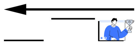Black arrow pointing left with abstract lines and person holding trophy. Ideal for success, achievement, motivation, career growth, leadership, self-improvement, abstract line flat metaphorのイラスト素材