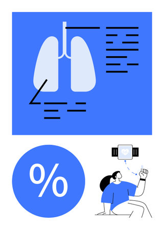 Lung diagram with labeled parts, percentage symbol, and person using smartwatch for health...