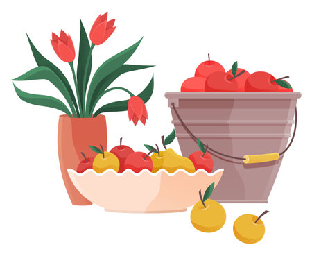 Bouquet of tulips in vase and fruits isolated on background. Beautiful floral still life. Autumn harvest, apple and pear, fine flowers. Natures delight, perfectly paired. Symphony of scent and flavorのイラスト素材