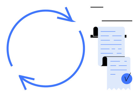 Blue circular arrows representing a cycle with documents featuring writing and a checkmark. Ideal for billing processes, invoicing, document verification, financial transactions, and businessのイラスト素材