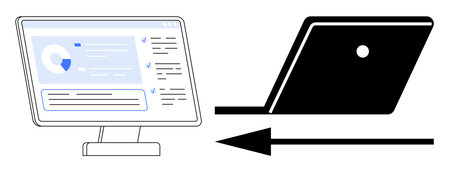 Desktop monitor with analytics display next to a sleek laptop. Black arrow indicates transition. Ideal for themes of technology upgrade, remote work, digital transformation, productivity trendsのイラスト素材