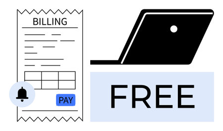 Billing receipt, laptop, bell notification, pay button, and large free text emphasize online transactions. Ideal for digital payments, reminders, online shopping, cost-free services e-billingのイラスト素材