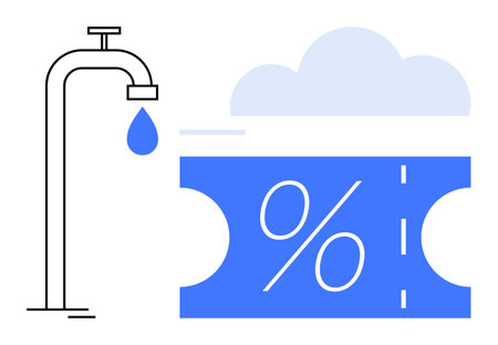 Water faucet dripping a droplet into a blue percent tag under a cloud shape. Ideal for water conservation, cost efficiency, resource management, discounts, environmental sustainability, eco-friendlyのイラスト素材