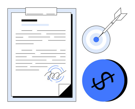Document with signature, clipboard, dart hitting target, and dollar sign icon. Ideal for business, contracts, finance, goals success agreements productivity concepts. Abstract line flat metaphorのイラスト素材
