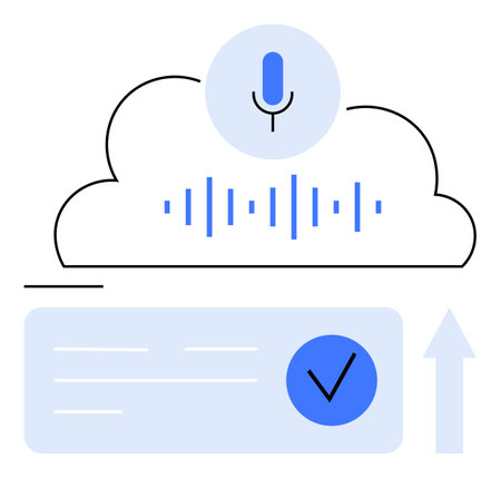 Cloud with microphone icon representing voice recognition, waveform signals, data storage box with a checkmark, and an upward arrow. Ideal for technology, communication, cloud services, dataのイラスト素材