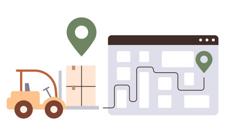 Forklift carrying stacked packages beside a location pin and digital map with a marked route. Ideal for logistics, delivery, supply chain, distribution, e-commerce, inventory, technology. Flat colorのイラスト素材