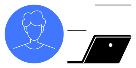 Person inside blue circle beside black laptop, representing digital interaction. Ideal for remote work, online learning, telecommuting, digital communication, virtual meetings, technologyのイラスト素材