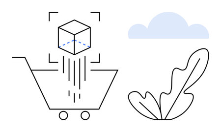 Cart with 3D cube indicating digital commerce. Leaf and cloud suggest nature integration. Ideal for online shopping, eco-commerce, technology, sustainability, minimalism, digital transactionsのイラスト素材