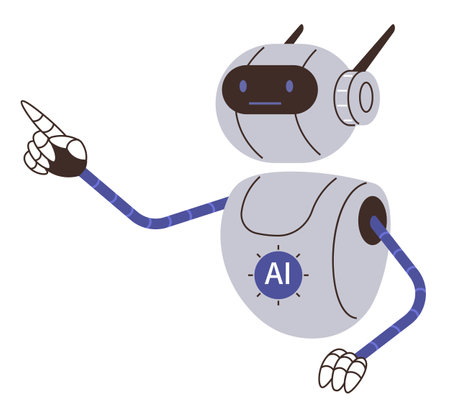 AI robot with antenna and mechanical arms, pointing with expressive gesture. Ideal for technology, innovation, automation, robotics, artificial intelligence, future concepts education. Flat colorのイラスト素材