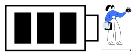 Woman holding shopping bags alongside a battery icon, conceptualizing energy renewal through shopping. Ideal for retail therapy, consumerism, energy boost, lifestyle balance, personal rechargeのイラスト素材