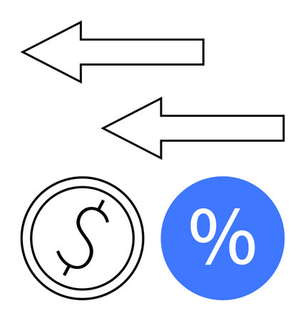 Two black arrows pointing in opposite directions, a dollar sign in a circle, and a blue percentage symbol. Ideal for financial exchange, investment strategies, economic theories, business decisionsのイラスト素材