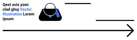 Black handbag with blue tags next to a dynamic black arrow, blending minimalistic style and...