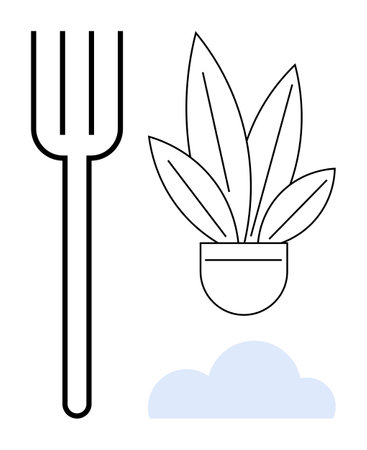 Large black fork, stylized potted plant, and blue cloud in abstract minimalist line art. Ideal for sustainability, simplicity, culinary themes, nature, eco-friendliness, modern design home decorのイラスト素材