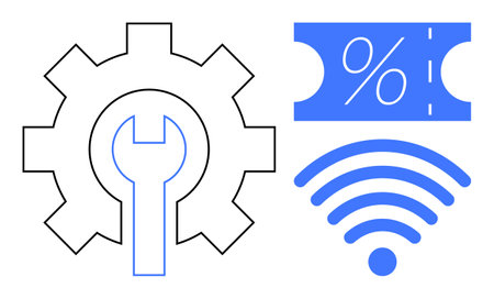 Gear with wrench inside, discount coupon with percent sign, and wireless signal icon. Ideal for technology, services, repairs, discounts, online shopping, connectivity wireless communicationのイラスト素材