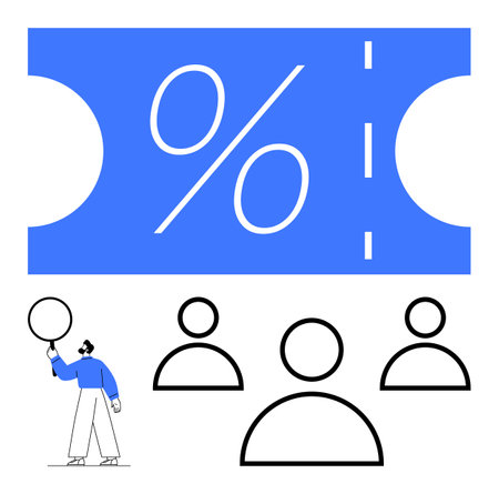 Large percentage symbol on blue voucher alongside abstract figures and person pointing. Ideal for marketing, sales deals, customer loyalty, ecommerce, consumer engagement, discounts, abstract lineのイラスト素材