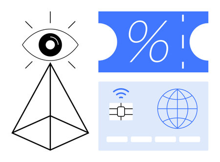 Eye over pyramid, blue percent sign ticket, and credit card with wireless and globe symbols represent vision, discount, and digital transactions. Ideal for finance, security, online shoppingのイラスト素材