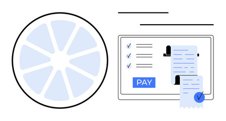 Circular chart with sections beside a tablet screen featuring a bill with checkmarks and a pay button. Ideal for finance, ecommerce, digital transactions, online payments, billing, data analyticsのイラスト素材
