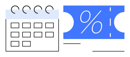 Calendar symbol with a discount coupon featuring a percentage sign in contrasting blue. Ideal for marketing strategies, event promotions, sales deadlines, planning discounts, time management, specialのイラスト素材