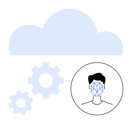 Face scanning overlay symbol, cloud shape, and gears illustrating AI, automation, and digital data processes. Ideal for tech, biometrics, cloud storage, AI systems security innovation abstractのイラスト素材