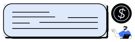 Large digital payment form with text lines, black dollar sign icon, and a person holding a laptop....