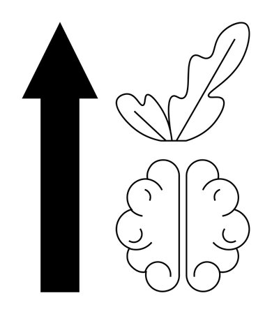 Upward arrow, feather, segmented brain outline. Ideal for motivation, mental growth, aspirations, determination, cognitive advancement inspiration goal setting. Abstract line flat metaphorのイラスト素材