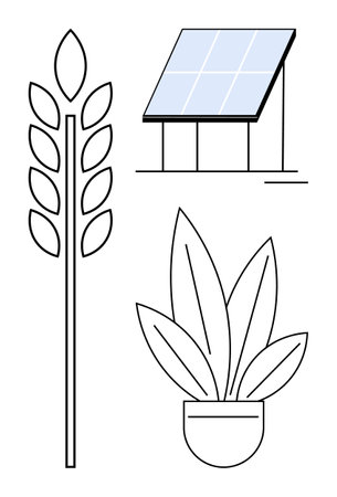 Wheat stem, solar panel, and potted plant combine to convey environmental sustainability, renewable energy, and agriculture themes. Ideal for eco-friendly designs, green energy, farming conceptsのイラスト素材