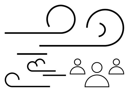 Dynamic swirling wind lines merging with icon-thumbs up human figures, symbolizing interaction, communication, environment, and unity. Ideal for community, teamwork, impact, environment resilienceのイラスト素材