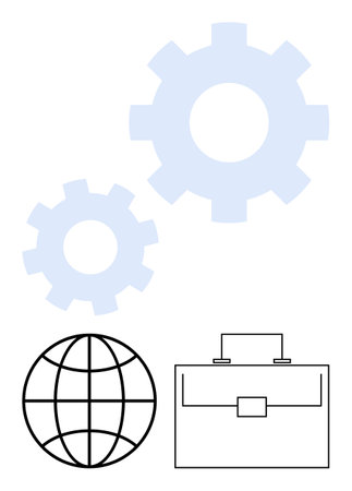 Gear wheels, a globe, and a briefcase symbolizing business connectivity, workflow, and global operations. Ideal for business strategy, teamwork, globalization, trade logistics productivityのイラスト素材