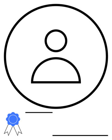 User profile icon enclosed in a circle with a blue certification badge and lines. Ideal for user credentials, personal identity, account status, verification, online profiles, recognition, abstractのイラスト素材