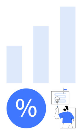 Businessperson using a pointer to present insights on a board with lightbulb icon, accompanied by bar chart and percentage symbol. Ideal for statistics, presentations, planning, finance, analysisのイラスト素材