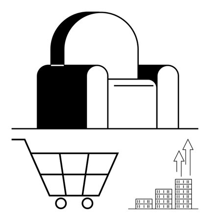 Shopping cart and chair represent consumer choices building with arrows suggests economic growth. Ideal for e-commerce, real estate, retail, investment, business strategies, trends, and abstract lineのイラスト素材