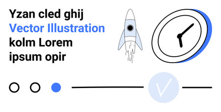 Minimalist rocket launching next to a clock, with Lorem Ipsum text in black and blue font. Ideal for startup themes, business growth, efficiency, time management, future planning, productivityのイラスト素材