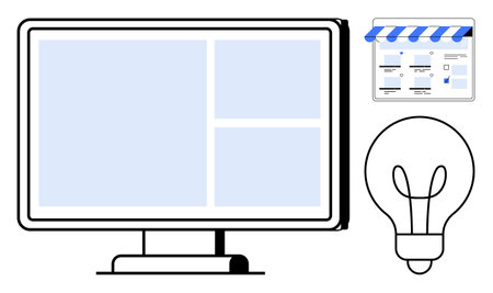 Computer monitor with divided screen layout next to an online storefront and lightbulb. Ideal for e-commerce, creativity, innovation, business ideas, online marketing, entrepreneurship, technologyのイラスト素材
