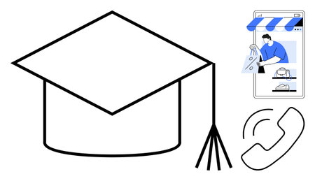 Graduation cap signifies education, smartphone with online shopping connects digital trend, handset implies communication. Ideal for online learning, e-commerce, digital communication, technology inのイラスト素材