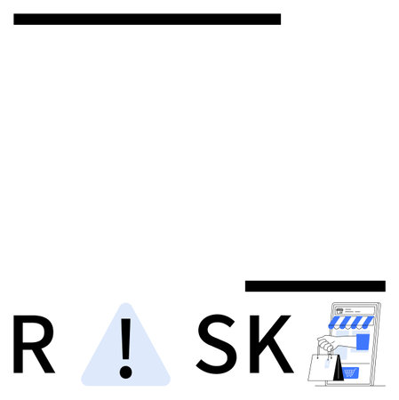 Alert triangle with exclamation mark, large RISK text, and online store graphic. Ideal for business strategy, risk management, online retail, alertness, e-commerce caution financial planning. Lineのイラスト素材