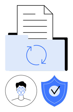 Open folder with paper and sync arrows, face scan icon, and shield with checkmark. Ideal for data management, cybersecurity, identity protection, technology, AI, privacy and abstract line flatのイラスト素材