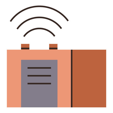 Radio with rectangular design, speakers and wireless signals showcases communication and nostalgia. Ideal for technology, media, broadcasting, sound, music, vintage vibes minimalism. Simple flatのイラスト素材