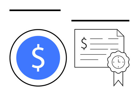Blue dollar sign coin next to a certificate adorned with a clock ribbon symbolizing investment, savings, and financial planning. Ideal for concepts such as finance, investment, certificates, timeのイラスト素材