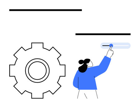 Woman interacting with a toggle switch, large gear representing system setup. Ideal for tech customization, app settings, user control, automation, process management, optimization, abstract lineのイラスト素材