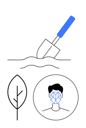 Shovel digging soil, minimal leaf outline, human face with geometric recognition overlay. Ideal for AI, environment, agriculture, sustainability, technology nature ecology. Abstract line flatのイラスト素材