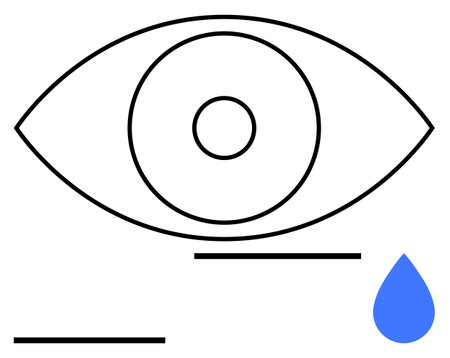 Large outlined eye drawing with a blue tear drop and minimal line elements. Ideal for themes of vision, emotion, awareness, health, individuality, creativity, abstract line flat metaphorのイラスト素材
