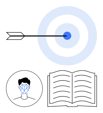 Arrow hitting center, facial recognition technology icon, open book with lines. Ideal for education, focus, success, AI, learning goals progress. Abstract line flat metaphorのイラスト素材