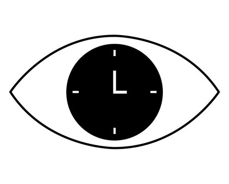 Black clock inside an eye outline. Themes Ideal for time management, vision, awareness, mindfulness, scheduling, productivity, focus. Landing pageのイラスト素材