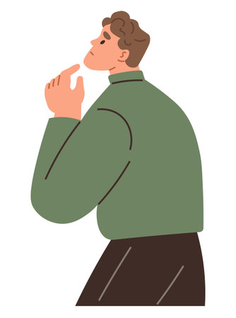 Person in green sweater and dark pants making a thoughtful gesture. Ideal for themes thumbs up decision-making, brainstorming, problem-solving, strategy, intellectual curiosity, introspection, flatのイラスト素材