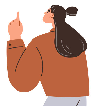 Back view of a woman with tied hair, wearing a brown top and gray pants, pointing upward, emphasizing an idea or direction. Ideal for guidance, strength, instruction, leadership, determinationのイラスト素材
