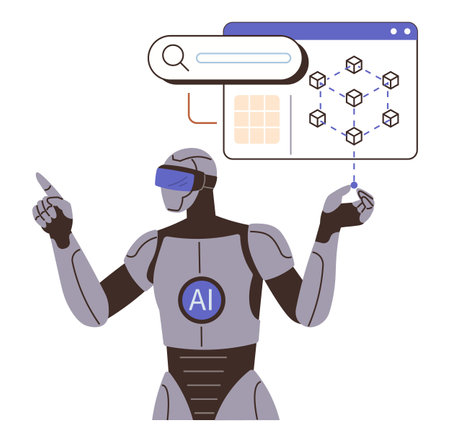 Robot with AI badge interacting with blockchain network and search bar. Ideal for technology, AI, blockchain, automation, innovation, data analysis, digital transformation. Flat color iconのイラスト素材