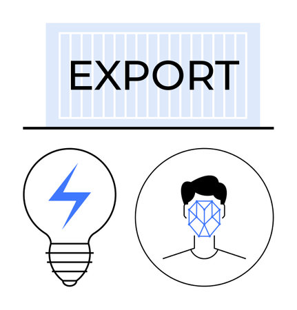 Export container above light bulb and facial recognition face in minimal style. Ideal for global trade, innovation, technology, AI, logistics, energy, modern business strategies, abstract line flatのイラスト素材