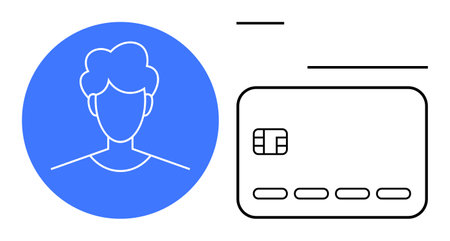 User profile avatar inside a blue circle, next to a credit card with chip and lines. Ideal for authentication, digital identity, security, online transactions, personal information, fintech, bankingのイラスト素材