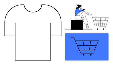 Large t-shirt outline, a person with a phone sitting near a cart, a smaller cart inside a blue rectangle. Ideal for e-commerce, online shopping, digital marketing, retail, consumer behavior, modernのイラスト素材
