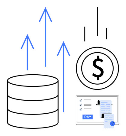 Financial data stack with three upward arrows, currency coin, digital payment screen with receipt. Ideal for business growth, digital transactions, investment strategies, fintech solutions, economicのイラスト素材